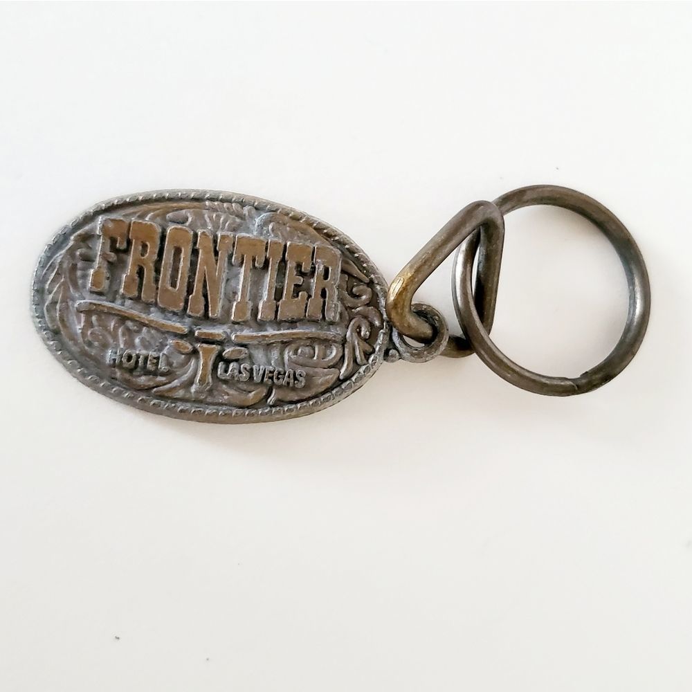 Vintage Frontier Las Vegas Metal Keychain Fob Brass